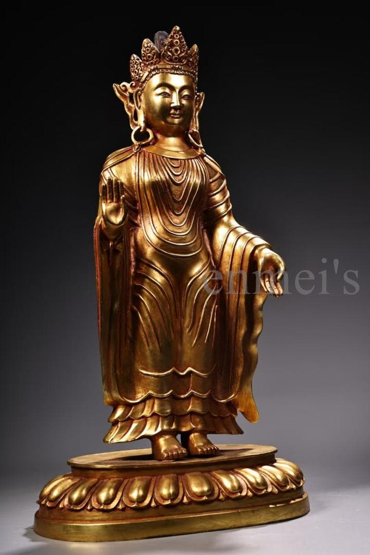 中国古美術・純銅製・鎏金仏像・北魏様式仏像／立像・仏教美術・高浮彫・風水置物