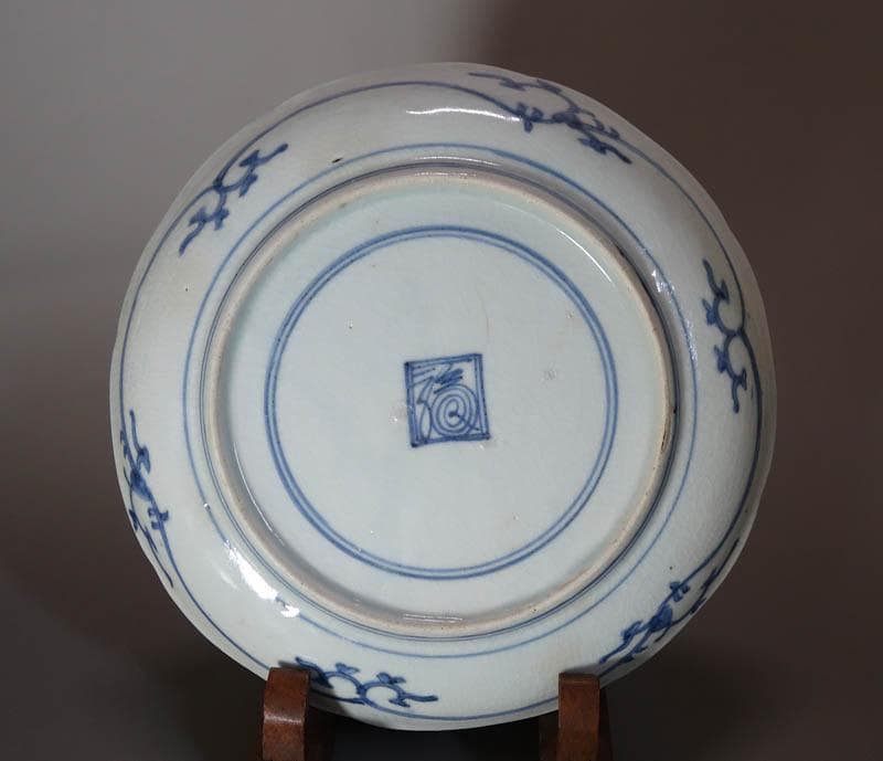 古伊万里　染付　花唐草　山水文 塔屋文　中皿　藍柿右衛門　江戸中期　　2083