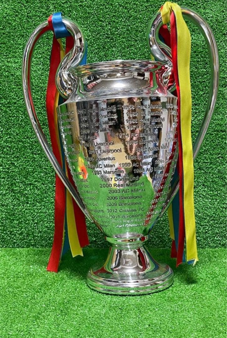 UEFAチャンピオンズリーグトロフィー、歴代優勝クラブ名刻印、リボン付き