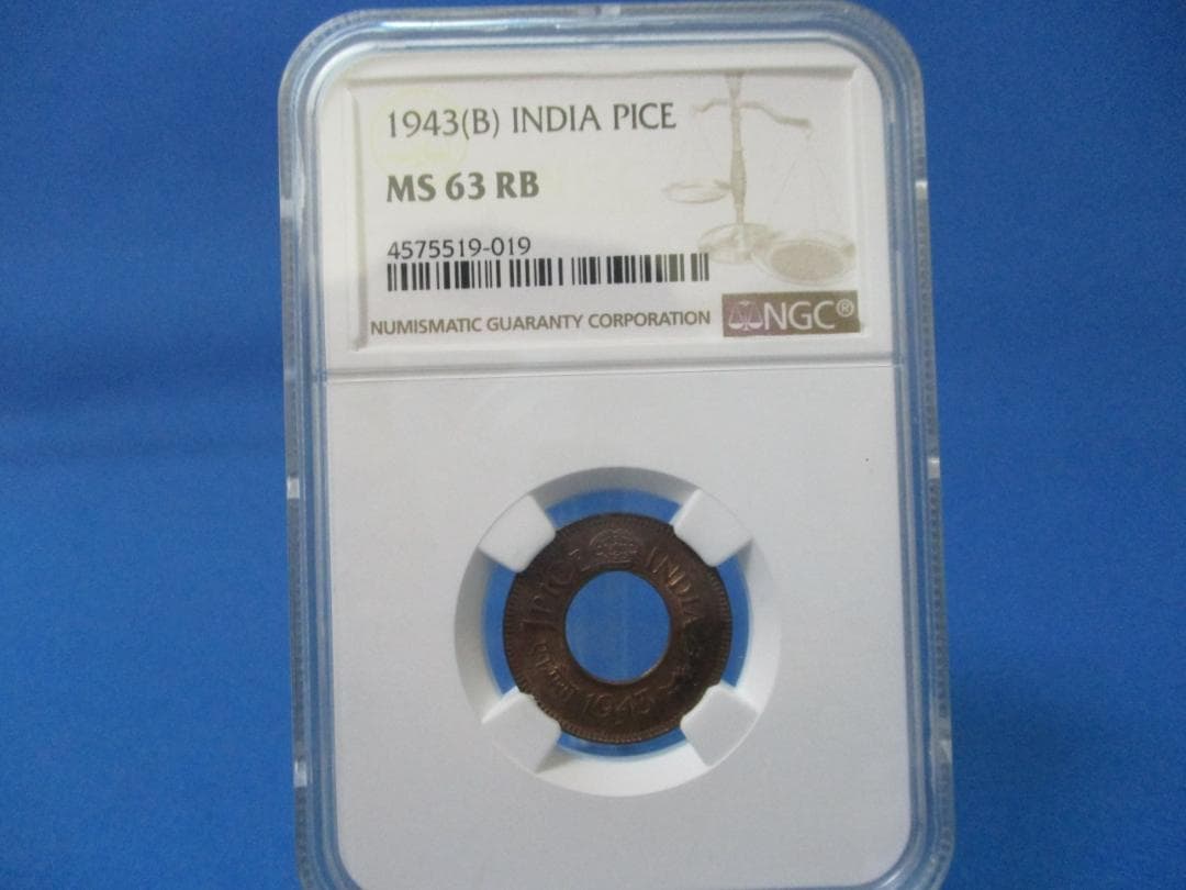 イギリス領インド　1パイス銅貨☆1943年（B）／未使用／NGC MS63RB／