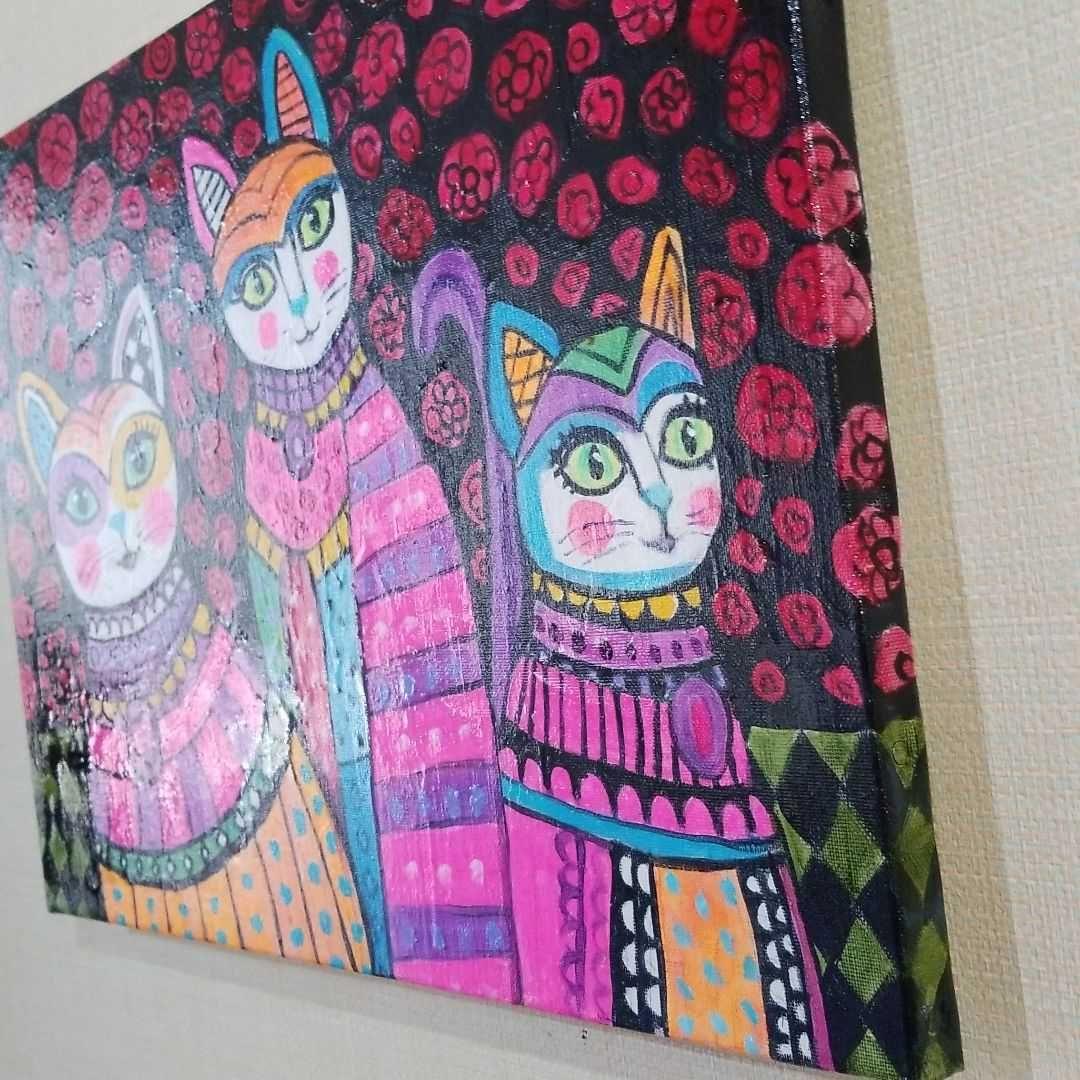 油絵　専用　カラフルおしゃれ猫三姉妹