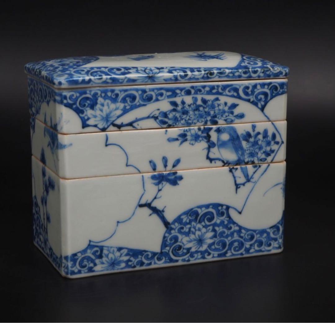 送料無料 明治7年(1874年)購入　青花四君子鳥図三重箱　共箱★大珍品★