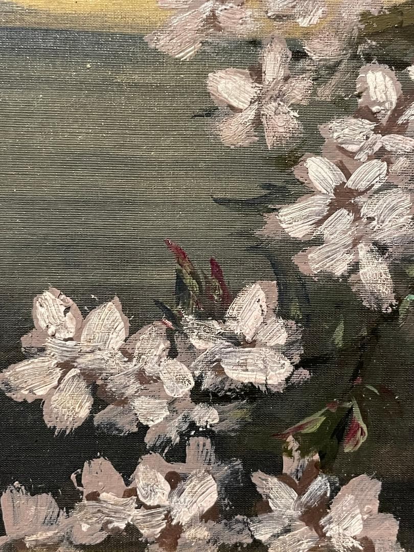 「真作」作者不明「桜の図」風景画　油彩画　額装　サイン有り