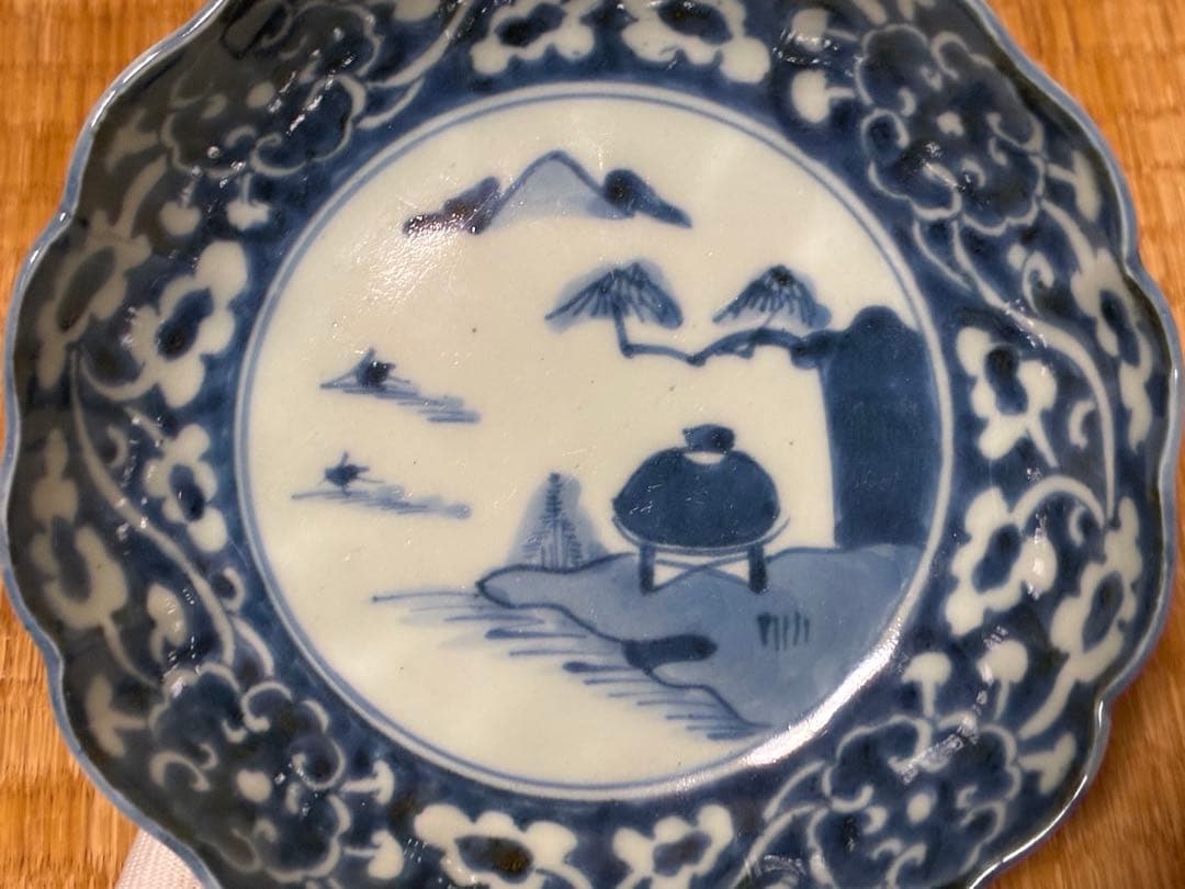 古伊万里 染付 風景紋 膾皿 五枚揃い 印あり 時代物
