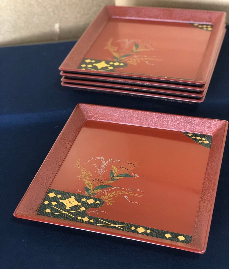 《R》朱塗 蒔絵 四方膳 会席膳5客 銘々盆 木製漆器 260209け1