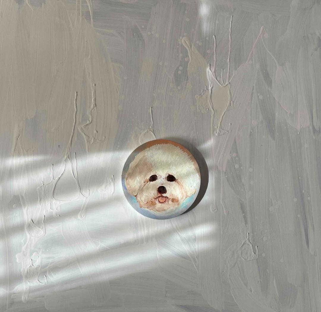 絵画 『ペロ』原画 油彩 直径20cm　犬　DOG 絵画 丸形アートパネル