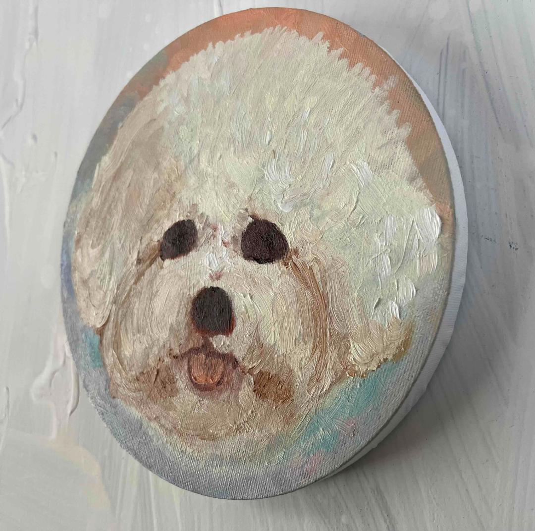 絵画 『ペロ』原画 油彩 直径20cm　犬　DOG 絵画 丸形アートパネル