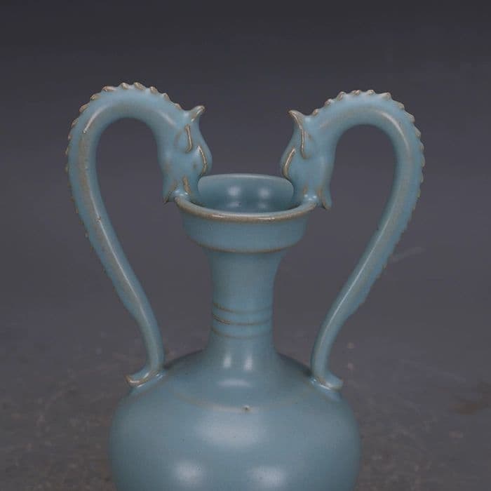 宋汝窯手製青釉支釘双龍尊瓶 景徳鎮 陶磁器 装飾品 現代工芸品 美術品 置物