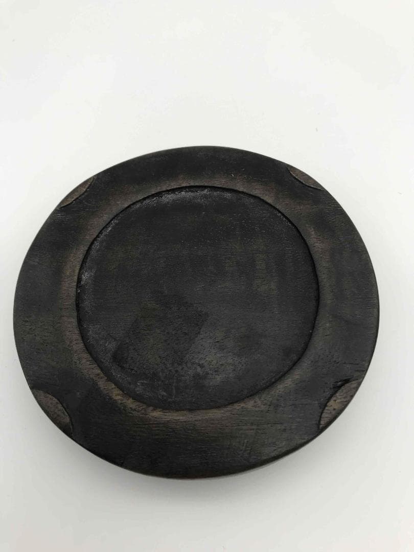 古端渓硯　円硯　清時代　龍紋彫り　石渠硯　唐木蓋台　極上品　初出し物(F-49)