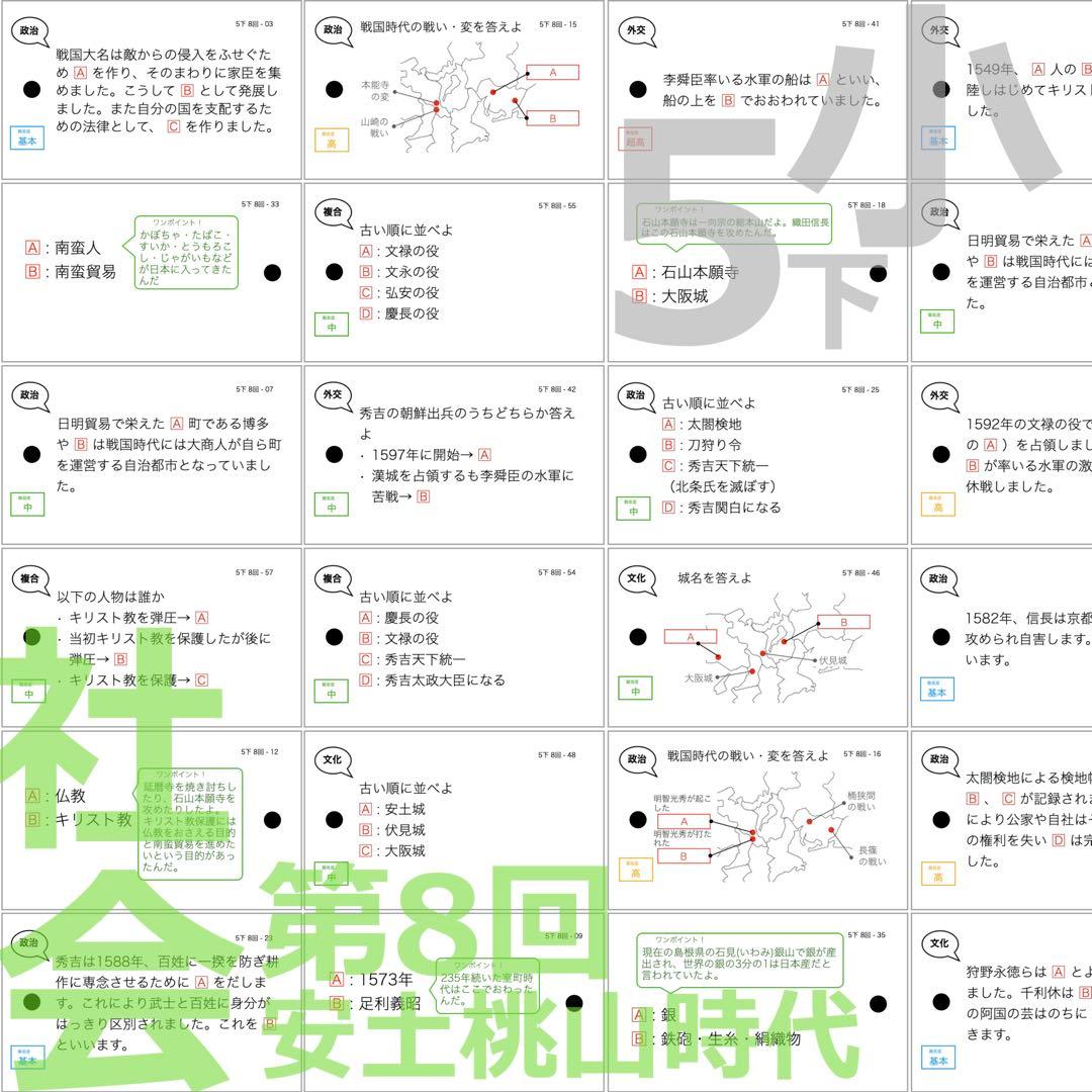 中学受験【5年下 全セット 社会・理科1-18回】 暗記カード 予シリ 組み分け