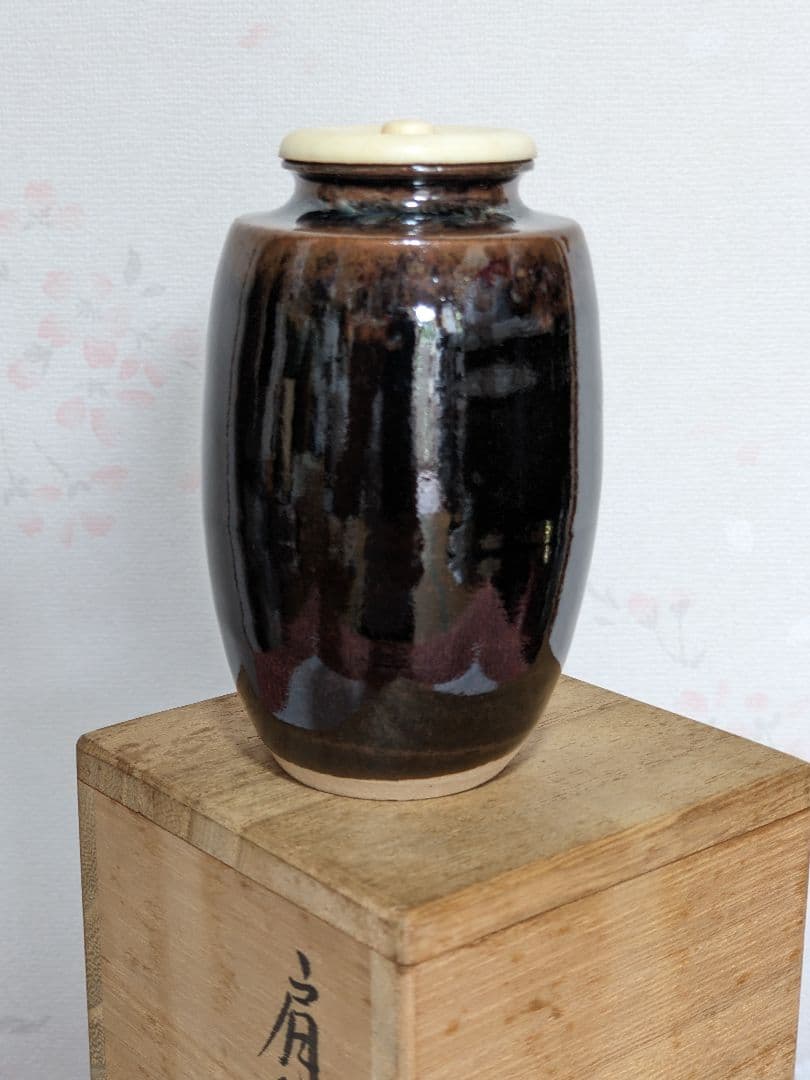 ♦茶道具 肩衝茶入 平安作 仕覆付き 薩摩間道 名物裂 共箱入 美術品 工芸品