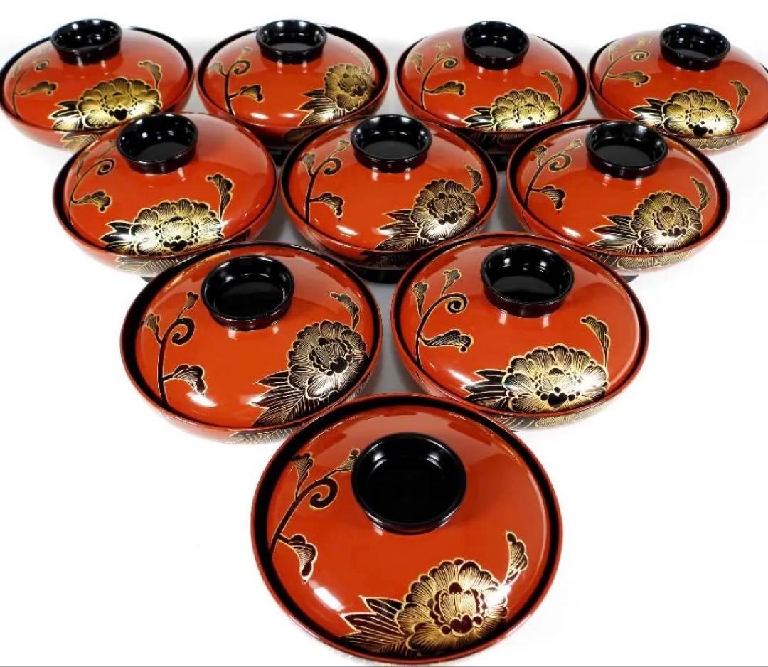 輪島塗　懐石椀汁椀　蒔絵椀　上質朱漆　牡丹沈金 蓋碗十客 共箱