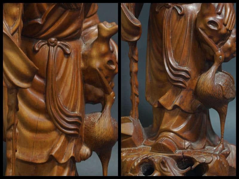 オールド柘植 つげ 黄楊木 細工彫り『寿老人鶴立像』置物 オブジェ高36.5cm