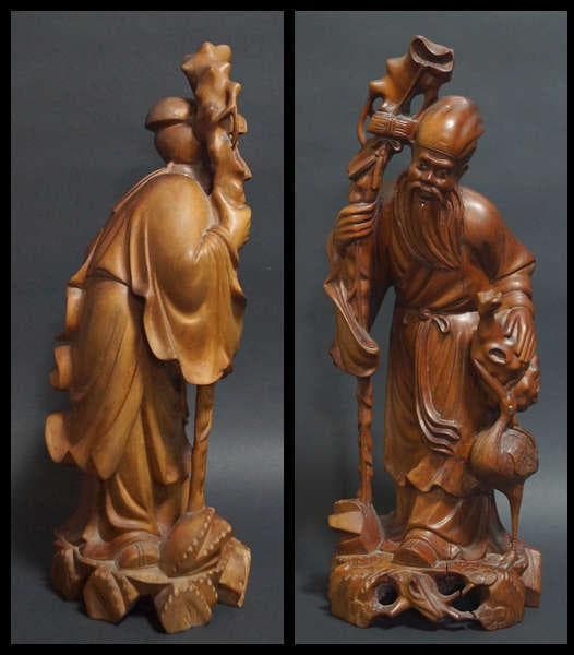 オールド柘植 つげ 黄楊木 細工彫り『寿老人鶴立像』置物 オブジェ高36.5cm