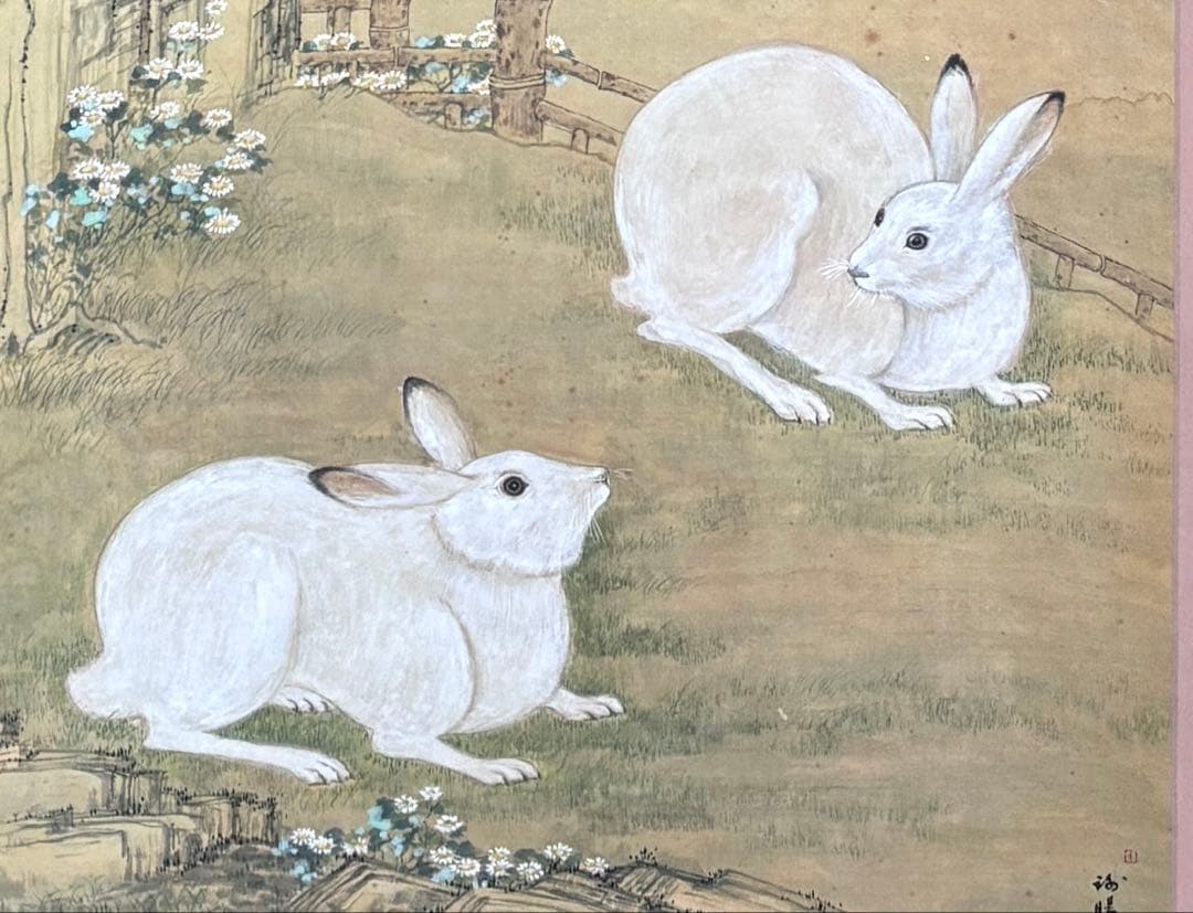 水墨画　掛け軸　悟桐双兎 謝陽画　兎　中国　張大千大風堂　カラー　箱付
