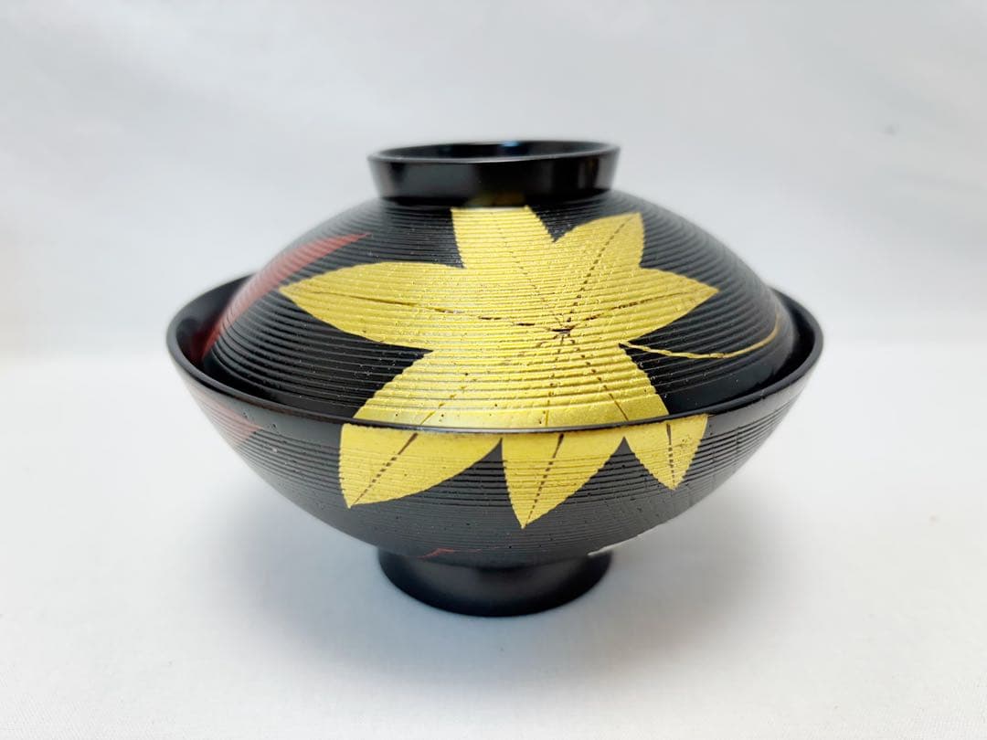 ほぼ未使用 懐石道具 木製漆器 千筋 金彩もみじ蒔絵 吸物椀 5客揃 共箱