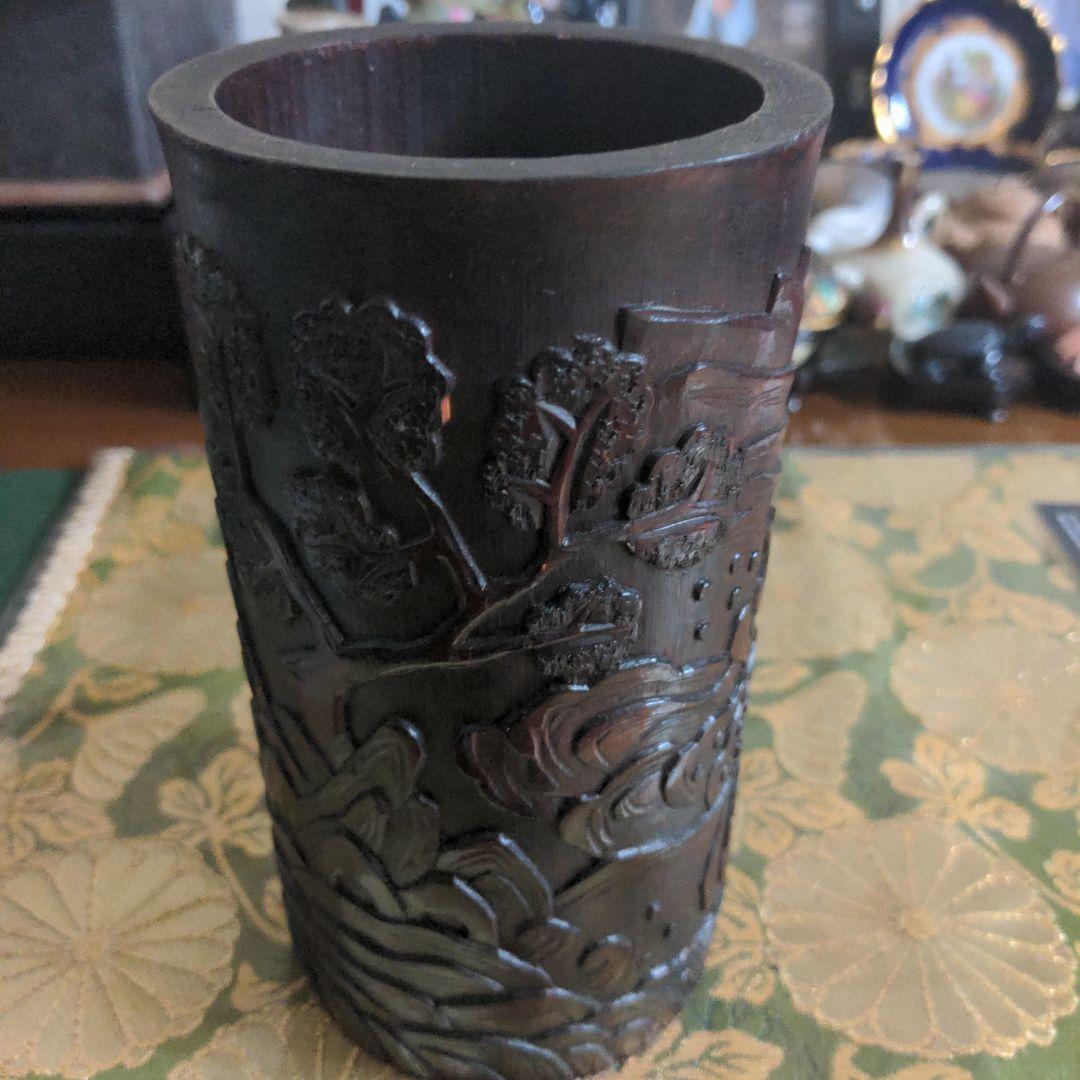 【最終価格】 中国骨董　鯉図　彫刻筆筒　時代品