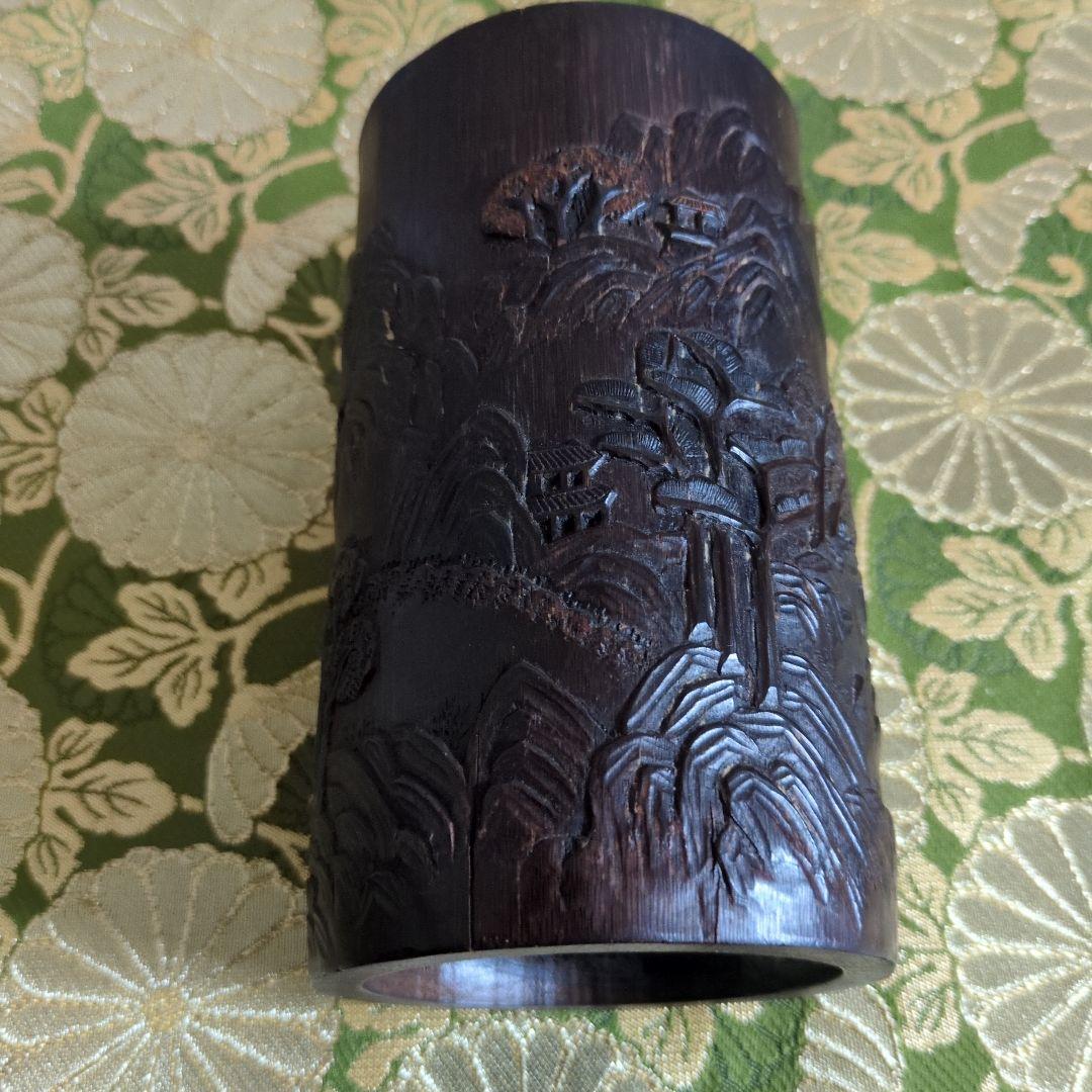 【最終価格】 中国骨董　鯉図　彫刻筆筒　時代品