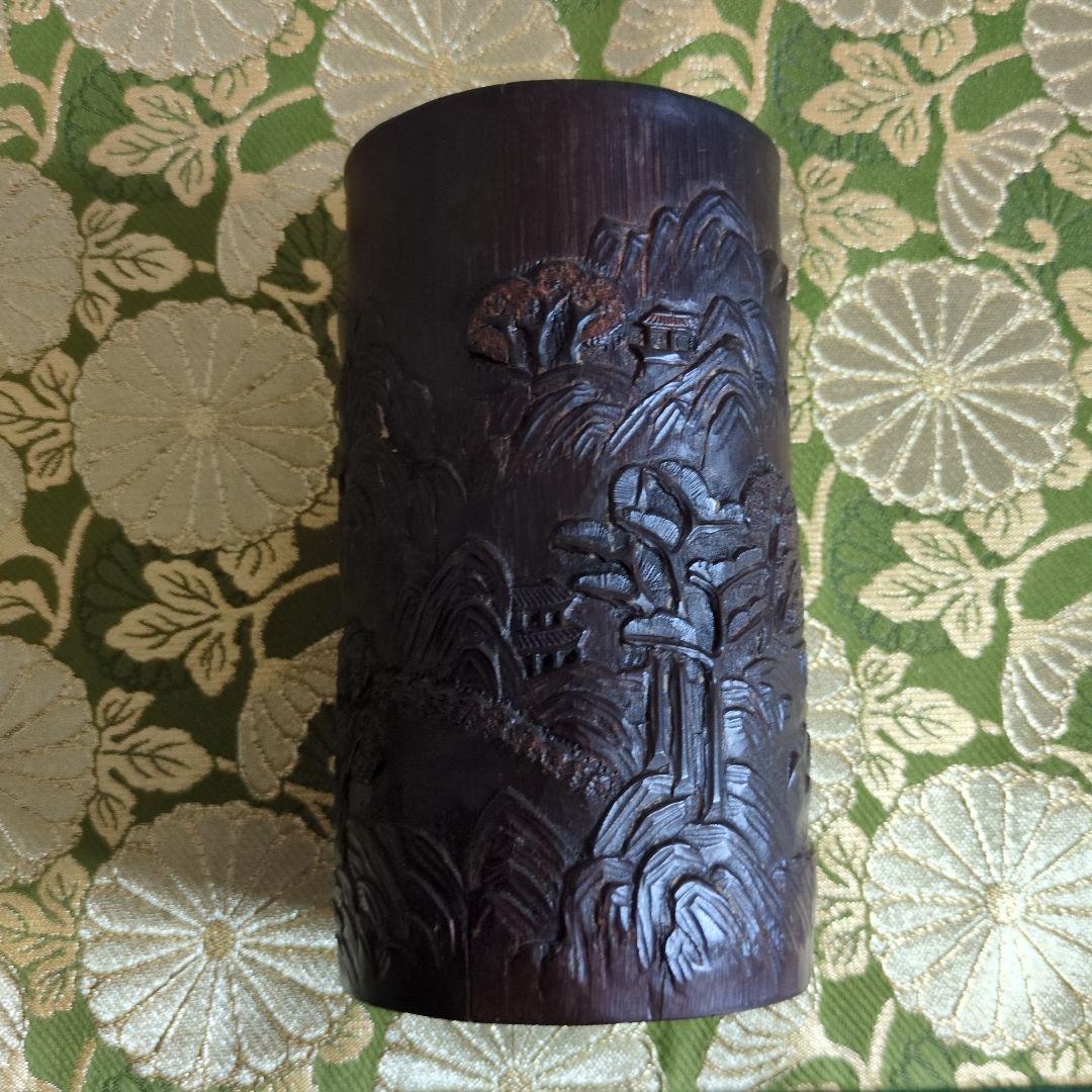 【最終価格】 中国骨董　鯉図　彫刻筆筒　時代品