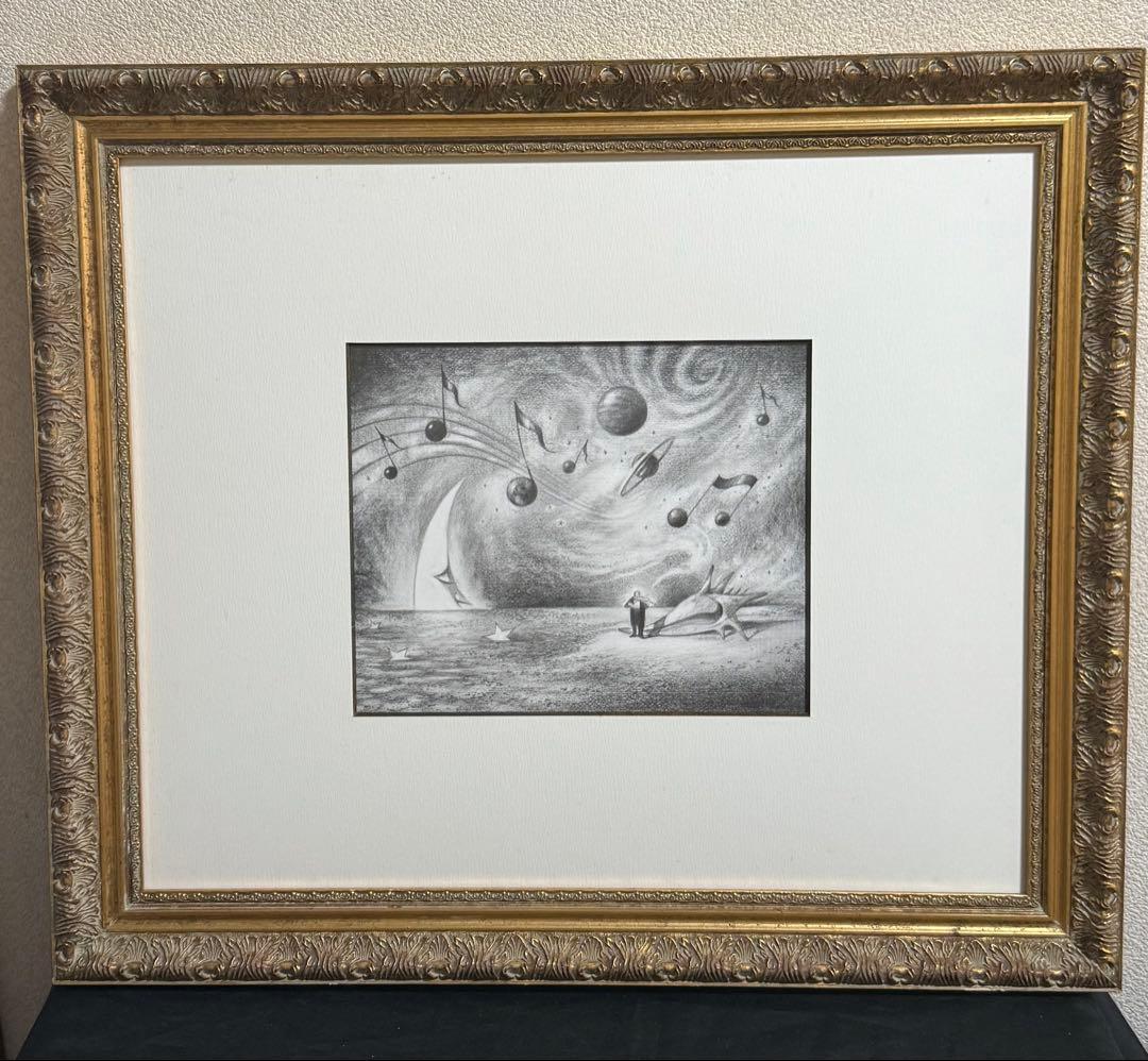 宇宙と音楽　幻想的な風景と人物鉛筆画 （豪華なフレーム付き）　インテリア