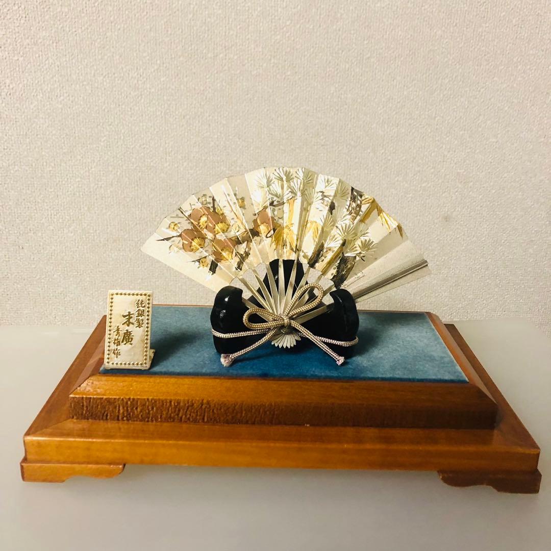 E26骨董品✨ 武比古作 純銀製 扇飾り 木製ガラスケース 置物 縁起物