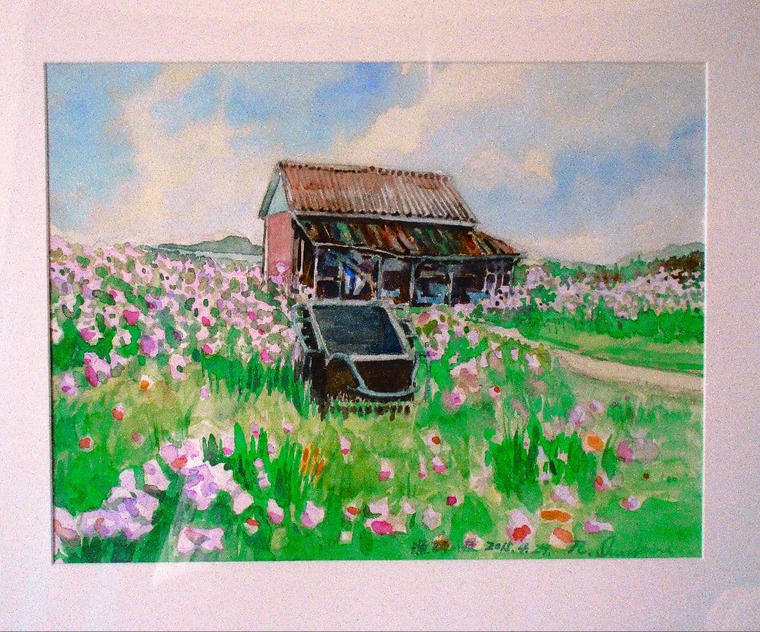 ハマダイコンの咲く小屋 水彩画 F６号額装済み 原画