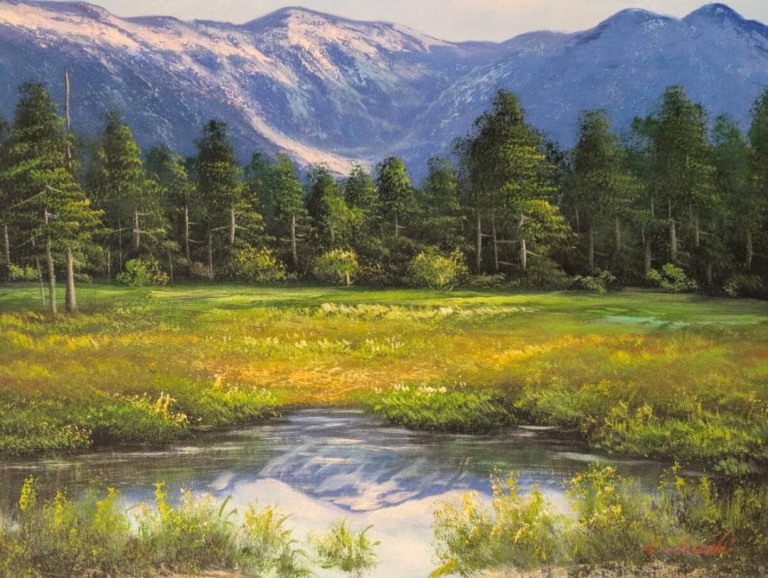 【真作】絵画　油彩6号　山影を映す高原の池　インテリア風景画　Z106