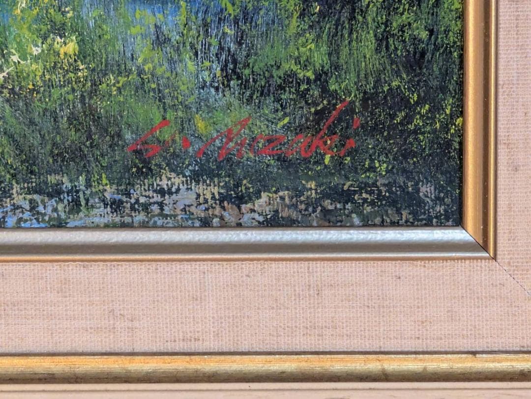 【真作】絵画　油彩6号　山影を映す高原の池　インテリア風景画　Z106