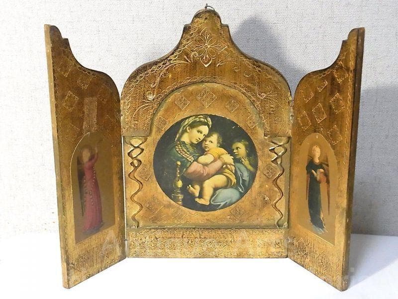 イタリア アンティーク ラファエロ・サンティ『小椅子の聖母』３枚続きの祭壇画