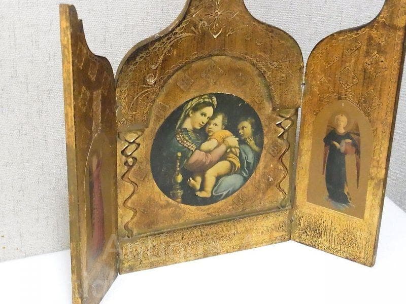 イタリア アンティーク ラファエロ・サンティ『小椅子の聖母』３枚続きの祭壇画