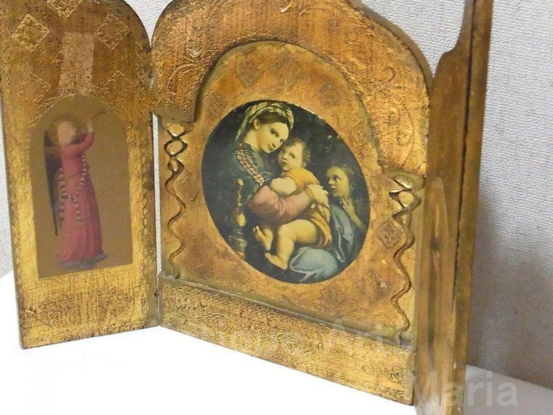 イタリア アンティーク ラファエロ・サンティ『小椅子の聖母』３枚続きの祭壇画