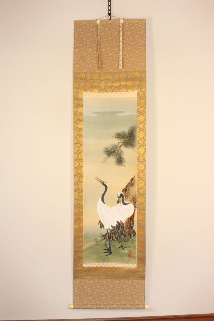 No5313 掛軸　双幅　銘有　国井孝雪　鶴亀之図　絹本　共箱　縁起物　送料無料
