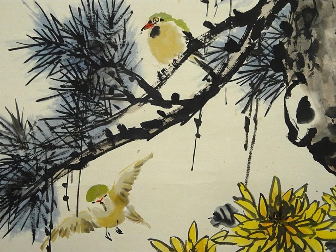 掛軸 胡健華『東籬秋色 花鳥図』中国画 紙本 肉筆 掛け軸 p082910