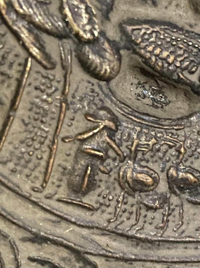 江戸期 古鏡 銅鏡 和鏡 円鏡 鶴亀松文 浮彫 金工細工 天下一 銘有 骨董