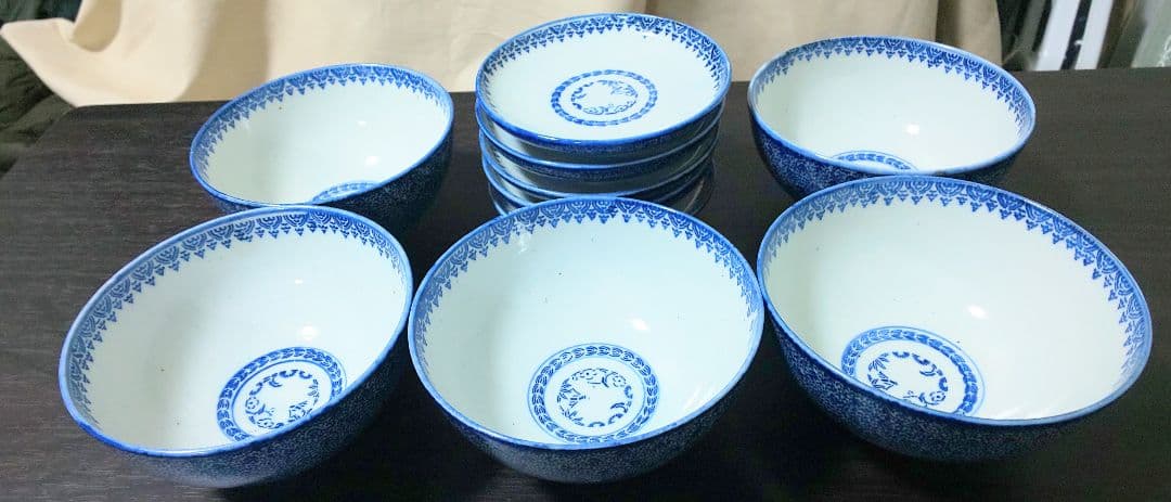 伊万里焼 明治時代 染付 微塵唐草 松竹梅 蓋付茶碗 ５客セット