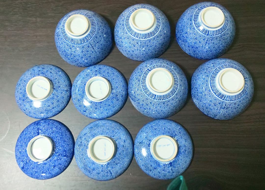 伊万里焼 明治時代 染付 微塵唐草 松竹梅 蓋付茶碗 ５客セット