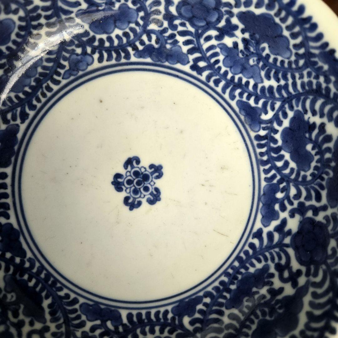 無傷　完品　古伊万里　染付　花唐草　深皿　江戸時代　金直し　金継ぎ　骨董　蛸唐草