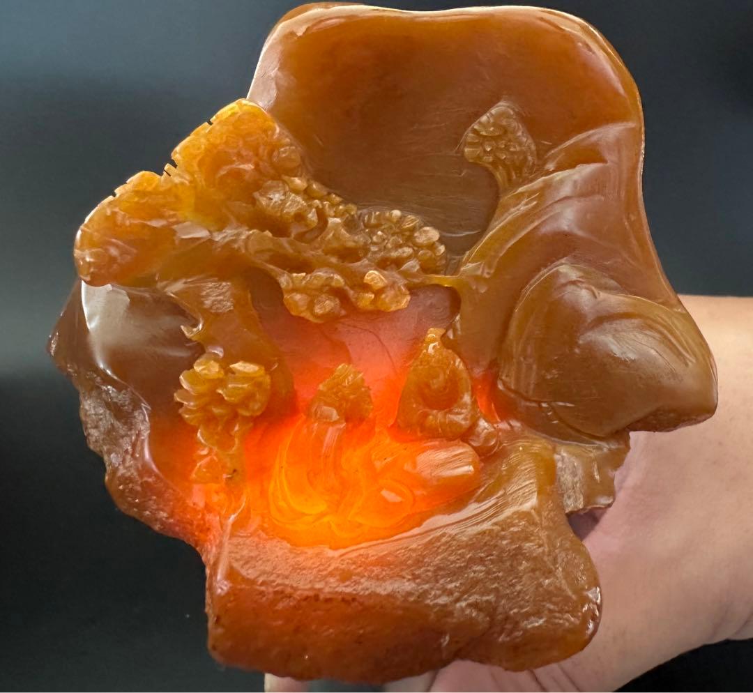 ラオス石　田黄　置物　山中尋友　縁起物　書斎　座台付き　箱付き