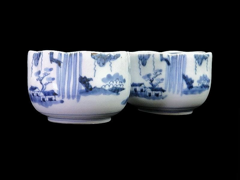 古伊万里　染付　山水の図　変形向付　２客　B072AS-fbvb