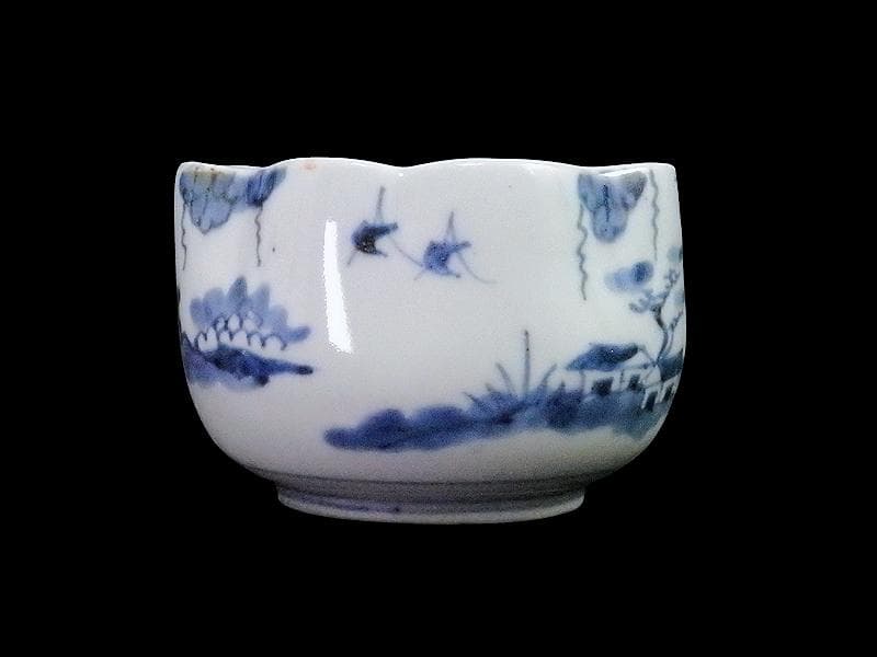 古伊万里　染付　山水の図　変形向付　２客　B072AS-fbvb