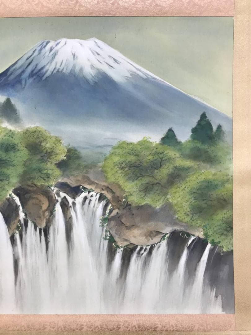 真作/堀江春斎/富士に白糸滝図/富士山図/滝/富岳図/掛軸/名家伝来AE-388