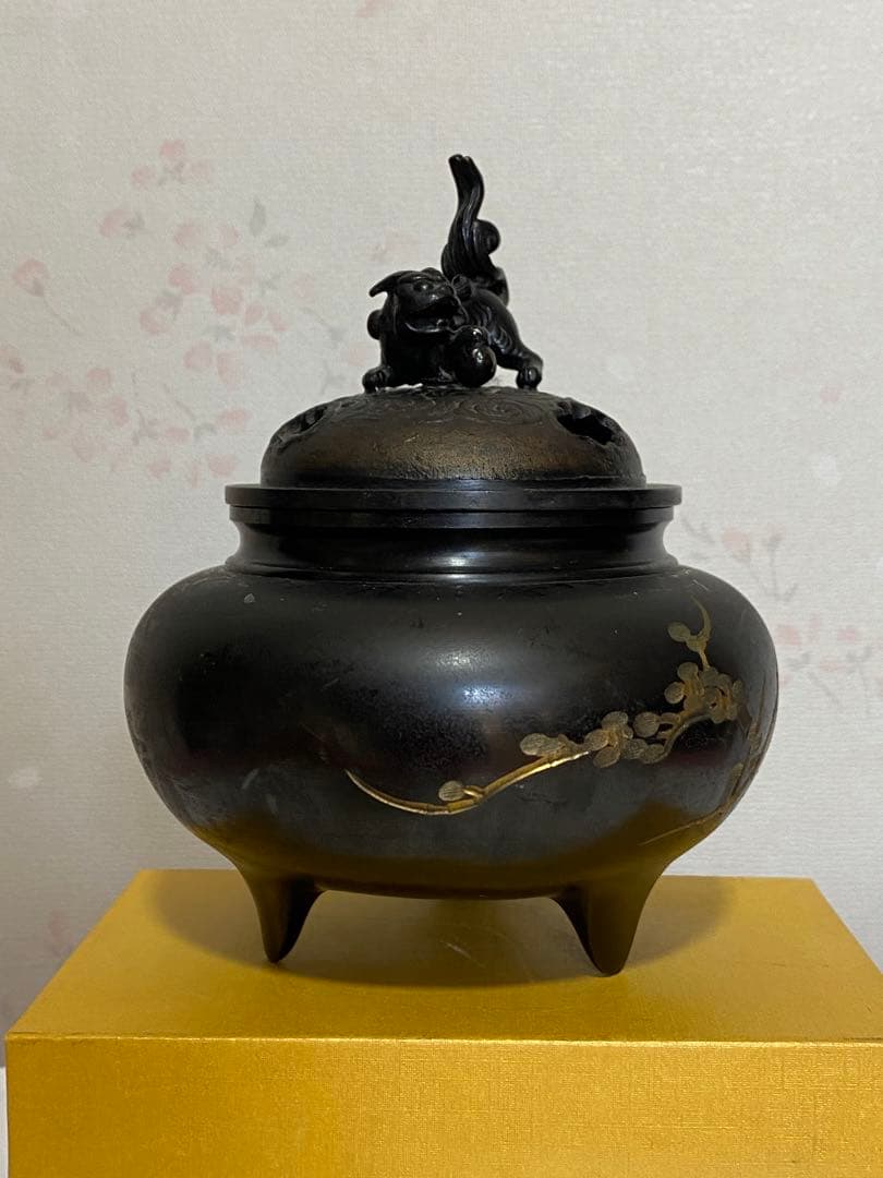 ♦獅子飾り 三足香炉 ？高岡銅器 銅製 唐金 香道具 置物 飾り 骨董品