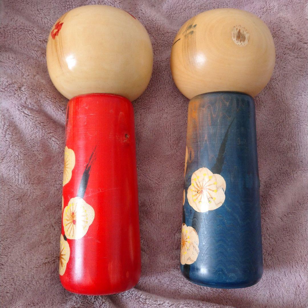 白峯 作 創作こけし 大きいサイズ レトロ 梅童 青 赤 ペア2体セット