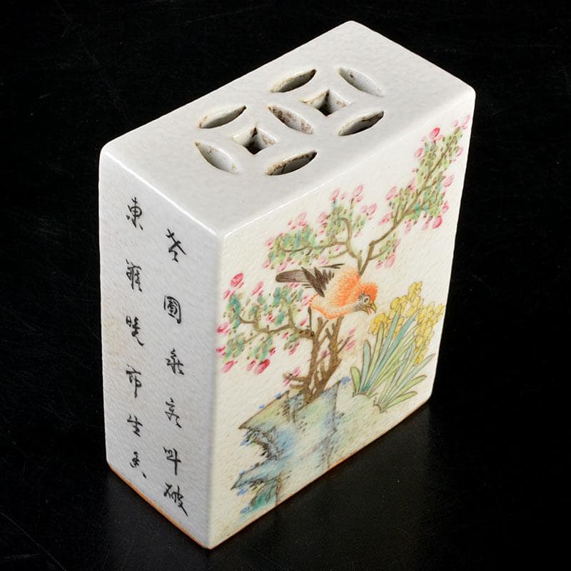 中国　粉砕　漢詩花鳥文　香炉　陶枕　C　6703E