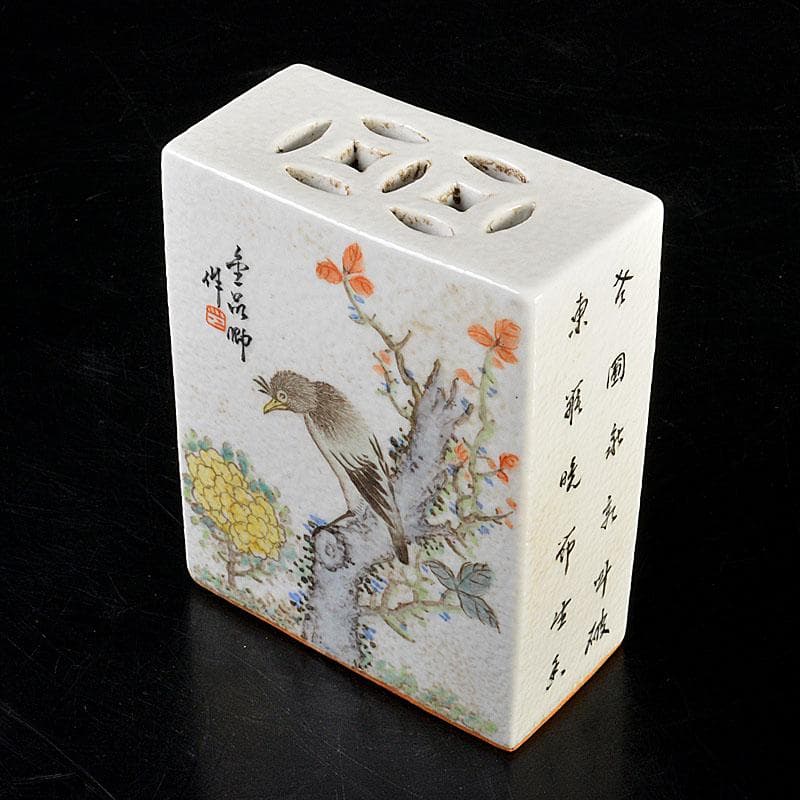 中国　粉砕　漢詩花鳥文　香炉　陶枕　C　6703E