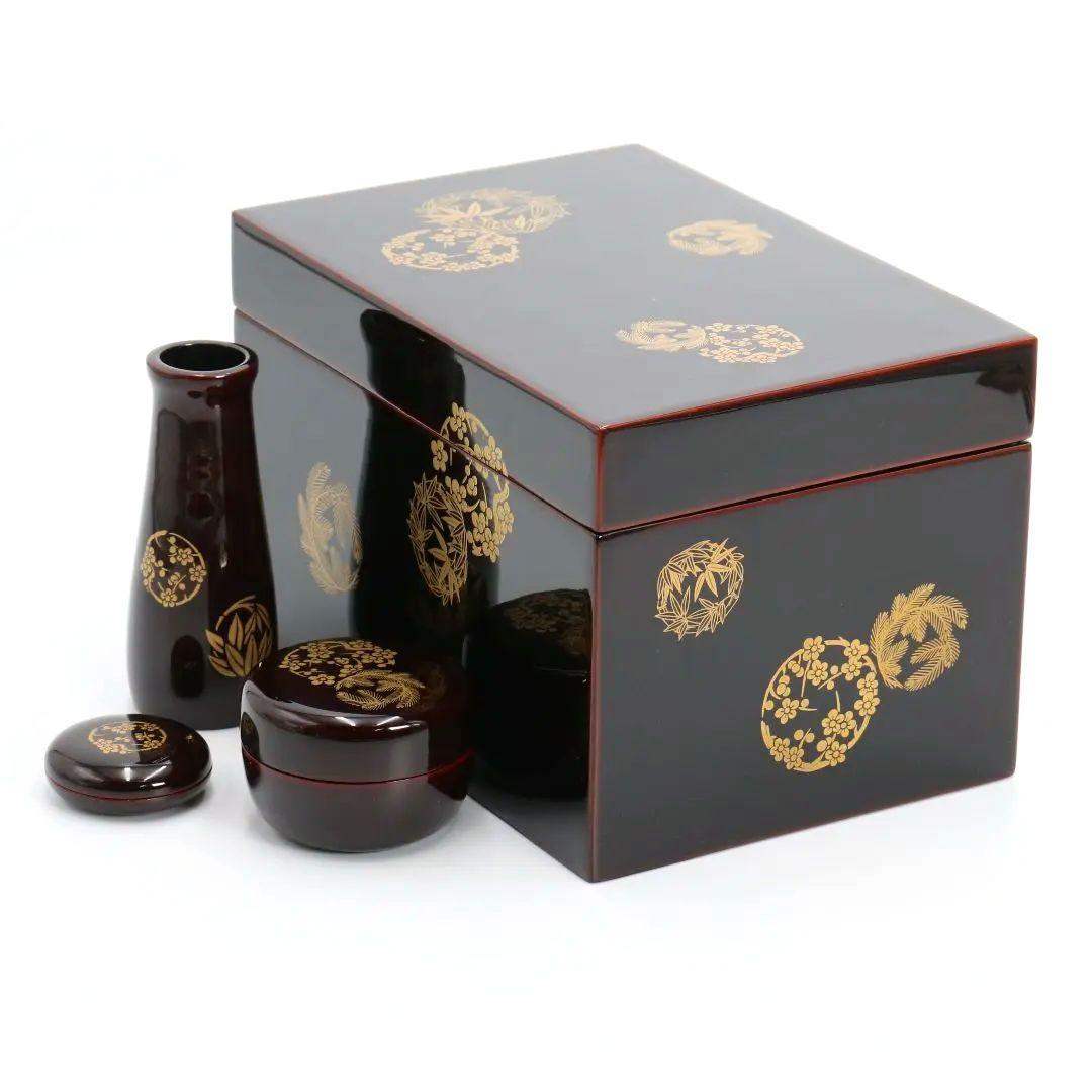 溜塗花丸利休茶箱 茶道具 紙箱付　V196　1F14D