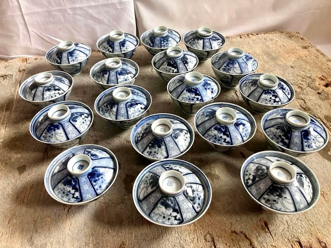 ✅古伊万里✅蓋付き椀18客/染付山水画/骨董/磁器