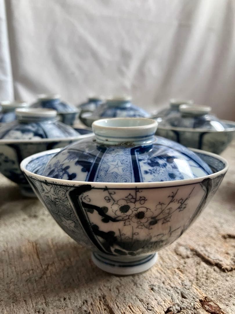 ✅古伊万里✅蓋付き椀18客/染付山水画/骨董/磁器