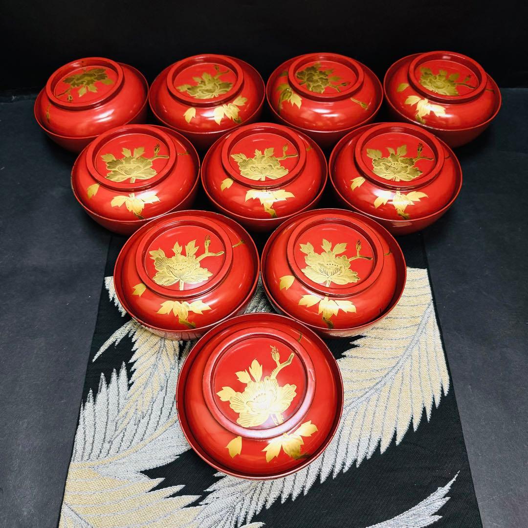 漆器　輪島塗　木製　蒔絵　溜塗　蓋付椀　吸物椀　汁椀　10客　時代物