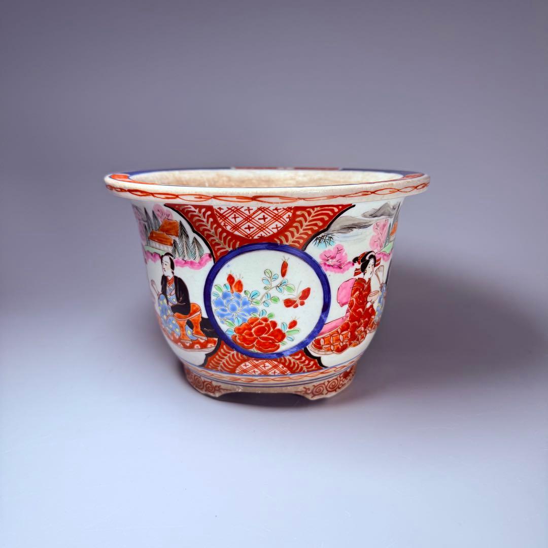 明治～大正期　輸出向　有田焼　色絵人物図　窓絵　アンティーク　植木鉢